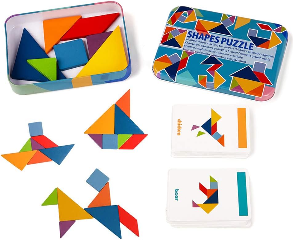 great travel games for kids in car 7 pieces and 60cards wooden tangram puzzle jigsaw puzzle